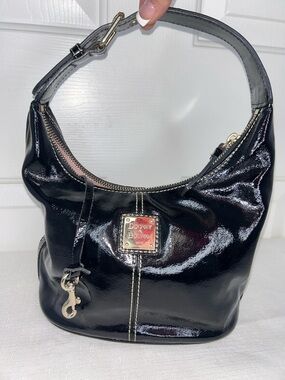 Dooney & Bourke Black Patent Leather Mini Hobo Handbag with Gold Hardware